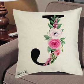 Cadou Personalizat - Perna Personalizata Monograma Florala Litera J, 40x40 cm, Ecru, Husa Detasabila, Perna Inclusa, BEKZ®