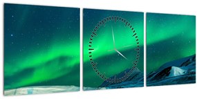 Tablou cu oameni la Aurora borealis (cu ceas) (90x30 cm)