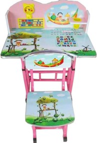 Birou copii din MDF cu jucarii interactive Novokids™ My first desk, dimensiuni 68X43X65, cadru metalic, masuta copii, Roz cu verde