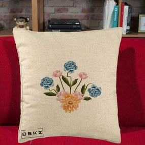 Perna Decorativa Buchet Primavara Acuarela, 40x40 cm, Bej, Husa Detasabila, Perna Inclusa, BEKZ®