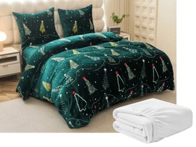 Set 2buc lenjerie cocolino CHRISTMAS DRIFT verde + cearsaf Cocolino microplus cu elastic SOFT 180x200 cm alb, pat dublu