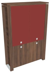 Dulap înalt Verno+ 140 x 46 x 210 cm, uși combinate, nuc / roșu