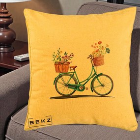 Perna Decorativa Bicicleta Florala Turcoaz Acuarela, 40x40 cm, Galben, Husa Detasabila, Perna Inclusa, BEKZ®