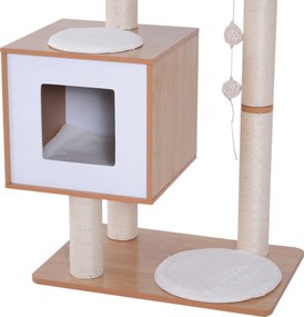 PawHut Ansamblu pentru Pisici cu Stâlp din Sisal, Cușcă cu Platforme și Zone de Joacă, Dimensiuni 66x47x120cm, Lemn Alb | Aosom Romania