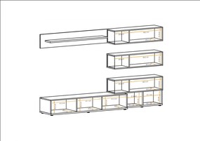 Mobila Living , usi deschidere push open prin apasare, fronturi alb lucios nuc inchis-alb , 240 cm lungime, cu vitrina, sticla securizata , lumina led