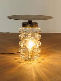 Măsuță laterală iluminată rotundă din metal și sticlă, auriu, cu bază din sticlă cu bule, finisaj antichizat, 45 x 45 cm, „Mirobola”