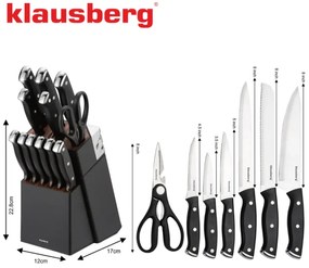 Set cuțite Klausberg KB 7985, 13 piese, Oțel inoxidabil, Mâner + ascuțitor, Negru