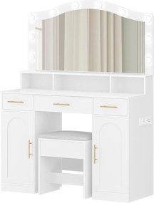 SEA487 - Set Masa toaleta alba, 108 cm cosmetica machiaj, oglinda cu LED, scaun tapitat, masuta vanity cu Priza si USB si Manere Aurii