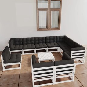 3076870 vidaXL Set mobilier grădină cu perne, 11 piese, alb, lemn masiv pin