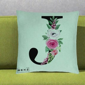 Cadou Personalizat - Perna Personalizata Monograma Florala Litera J, 40x40 cm, Verde Menta, Husa Detasabila, Perna Inclusa, BEKZ®