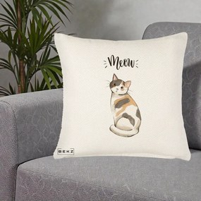 Perna Personalizata Pisica Meow Acuarela, 40x40 cm, Crem Reliefat, Husa Detasabila, Perna Inclusa, BEKZ®