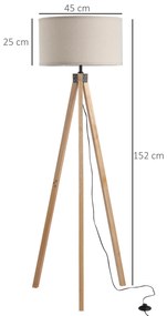 HOMCOM Modern Design Three Legged Floor Lamp Vertical Decoration Lamp, Bedroom and Office,  Beige Lampshade  HOMCOM Lampada da terra treppiede in legno con lampadine E27 moderno per camera ufficio paralume beige Ф45 x 152cm