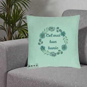 Cadou pentru Bunic - Perna Personalizata Cel Mai Bun Bunic Coronita Flori Albastre Teal, 40x40 cm, Verde Menta, Husa Detasabila, Perna Inclusa, BEKZ®