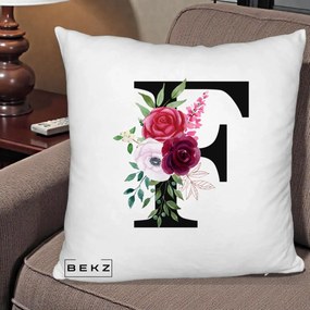 Cadou Personalizat - Perna Personalizata Monograma Florala Litera F, 40x40 cm, Alb Pufos, Husa Detasabila, Perna Inclusa, BEKZ®