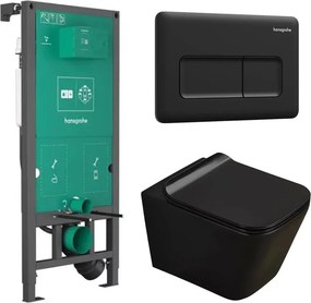 Set rezervor WC cu cadru incastrat Hansgrohe iFrame 112 cm si clapeta de actionare iFrame Original Q negru mat plus vas WC Rune Jord cu capac softclose