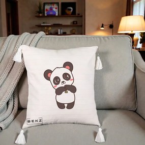 Perna Personalizata Panda Kawaii cu Bambus, 40x40 cm, Bej cu Franjuri, Husa Detasabila, Perna Inclusa, BEKZ®