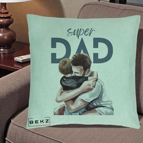 Cadou pentru Tata - Perna Personalizata Super Dad Tata si Fiu Imbratisare, 40x40 cm, Verde Menta, Husa Detasabila, Perna Inclusa, BEKZ®
