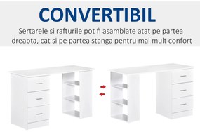 HOMCOM Birou modern alb cu 3 Sertare si Rafturi in Lemn 120x49x72cm