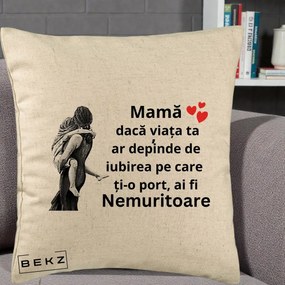 Cadou pentru Mama - Perna Personalizata Mama Nemuritoare Gravura Vintage, 40x40 cm, Bej, Husa Detasabila, Perna Inclusa, BEKZ®