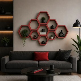 Set 9 rafturi perete Hexa Culoare roşu ,Homs,Seia A620,lemn natur