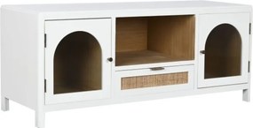 Comodă TV living din lemn, alb, cu 2 uși cu sticlă arcuită, 1 sertar cu cannage și nișă deschisă, 50 x 120 x 40 cm, „Elegance”