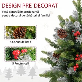 HOMCOM Mini Brad de Crăciun 60 cm cu lumini LED, 141 ramuri, conuri de pin, bobițe roșii, bază din ciment, verde | Aosom Romania