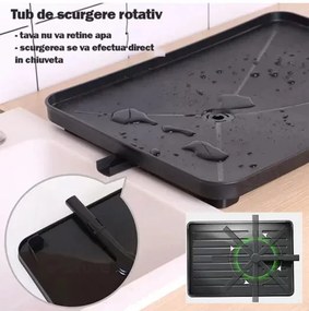 Scurgator, picurator vase chiuveta etajat, vintage, suport tacamuri, pahare, manere lemn, tub de scurgere, negru, 42x32x27cm