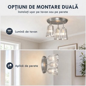 HOMCOM Plafonieră LED din Cristal cu 3 Lumini, Dulii E27, fără Becuri, pentru Living, Argintie | Aosom Romania