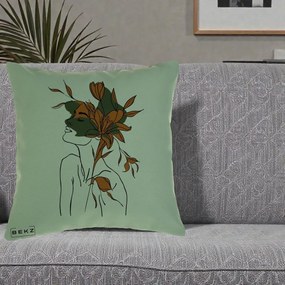 Perna Decorativa Portret Feminin Crin Auriu, 40x40 cm, Verde, Husa Detasabila, Perna Inclusa, BEKZ®