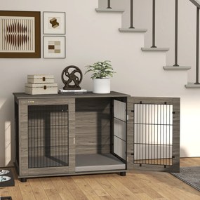 PawHut Cușcă pentru câine 2 în 1 masă de cafea cu pernă de plus detașabilă ușă blocabilă 100 x 60 x 73,5 cm gri | Aosom Romania