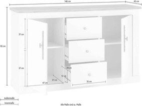 Comodă ~Mykonos~ culoare gri-maro, cu aspect de lemn, romantic, 150 cm lățime