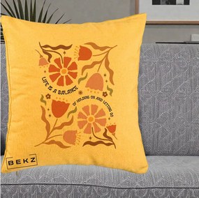 Perna Decorativa Life is a Balance Floral, 40x40 cm, Galben, Husa Detasabila, Perna Inclusa, BEKZ®