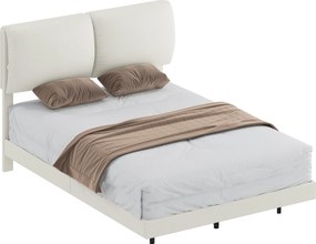 HOMCOM Pat dublu 135x190 cm Somier cu tăblie căptușită Efect plutitor Structură metalică Bej | Aosom Romania