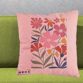 Perna Decorativa Flori Grafice Roz si Terracotta, 40x40 cm, Roz, Husa Detasabila, Perna Inclusa, BEKZ®