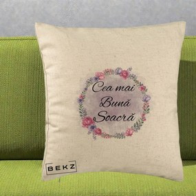 Cadou pentru Soacra - Perna Personalizata Cea mai Buna Soacra cu Coronita Flori Roz si Mov, 40x40 cm, Bej, Husa Detasabila, Perna Inclusa, BEKZ®