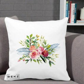 Perna Decorativa Buchet Flori Acuarela Roz-Verde, 40x40 cm, Alba Mata, Husa Detasabila, Perna Inclusa, BEKZ®