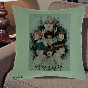 Perna Personalizata K-pop BTS Bangtan Boys Poster Artistic Negru Alb, 40x40 cm, Verde, Husa Detasabila, Perna Inclusa, BEKZ®