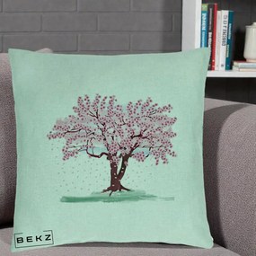 Perna Decorativa Cires Inflorit Acuarela, 40x40 cm, Verde Menta, Husa Detasabila, Perna Inclusa, BEKZ®