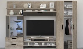 Mobilier Living camera de zi, pal stejar nordic  ciocolata lucios, usi soft close, vitrina cu led, 280cm lungime x 190cm inaltimex 53 adancime, cu