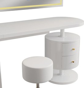 Masuta machiaj cu Oglinda LED si 2 Sertare pentru Cosmetice, Set Masa toaleta 120 cm, Alb Lucios, masuta cosmetica, vanity - SEA462
