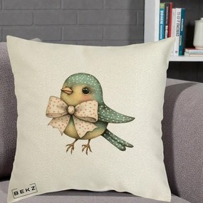 Perna Decorativa Pasare Teal cu Fundita cu Buline, 40x40 cm, Ecru, Husa Detasabila, Perna Inclusa, BEKZ®
