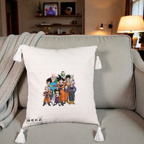 Perna Personalizata Dragon Ball Z Grup Complet, 40x40 cm, Bej cu Franjuri, Husa Detasabila, Perna Inclusa, BEKZ®