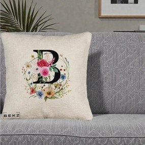 Cadou Personalizat - Perna Personalizata Monogram Litera B cu Flori Acuarela, 40x40 cm, Bej Canapea, Husa Detasabila, Perna Inclusa, BEKZ®