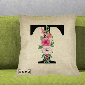 Cadou Personalizat - Perna Personalizata Monograma Florala Litera T, 40x40 cm, Crem, Husa Detasabila, Perna Inclusa, BEKZ®
