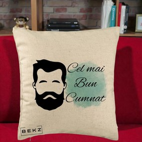 Cadou pentru Cumnat - Perna Personalizata Cel mai Bun Cumnat cu Portret Barbat si Pete Teal, 40x40 cm, Bej, Husa Detasabila, Perna Inclusa, BEKZ®
