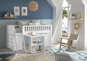Set pat semi-supraetajat pentru copii SCOTT, alb, 90 x 200 cm, pin scandinav masiv, cu scară, birou glisant, bibliotecă, comodă cu 3 sertare și dulap