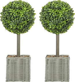 HOMCOM Set de 2 plante artificiale decorative, bile de buxus artificial 50 cm cu ghiveci din plastic împletit și pietre, verde | Aosom Romania