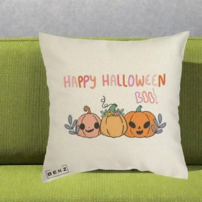Perna Decorativa Happy Halloween Boo Trei Dovlecei Kawaii, 40x40 cm, Ecru, Husa Detasabila, Perna Inclusa, BEKZ®