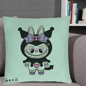 Perna Personalizata Labubu x Kuromi, 40x40 cm, Verde Menta, Husa Detasabila, Perna Inclusa, BEKZ®