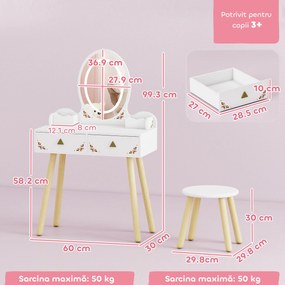 AIYAPLAY Set Măsuță și Scaun pentru Copii cu Oglindă cu Lumini LED în 3 Culori, Sertar, Cutii de Depozitare, pentru 3+ Ani, Alb | Aosom Romania